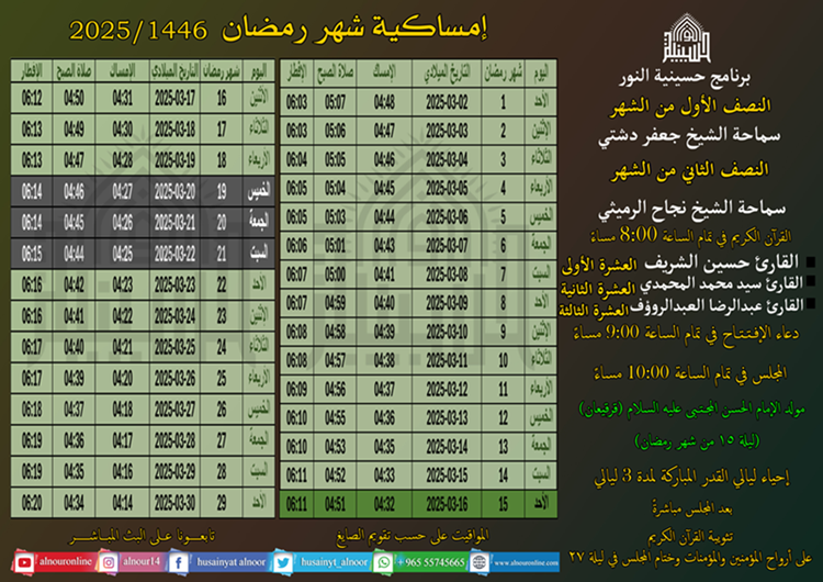 إمساكية شهر رمضان 1446
